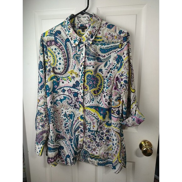 Talbots Woman L Shirt/ Tunic Roll Tab LS Collared Button Paisley Retro Boho Work - Picture 2 of 10